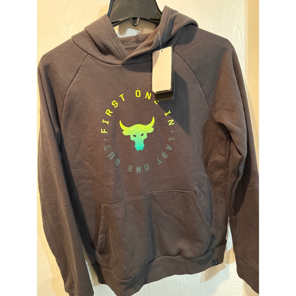 Under Armour Project Rock Boys Hoodie Gray Neon Brahma Bull 1380213 YLG NEW